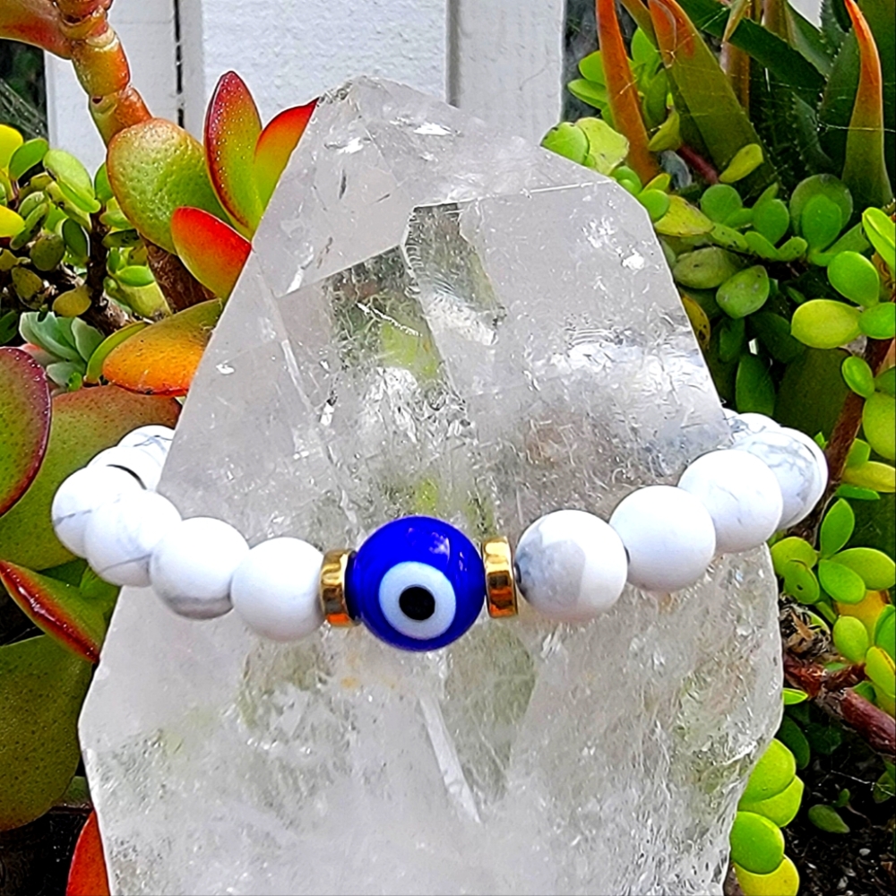 Handmade white turquoise/ white howlite gemstone bracelet with evil eye charm